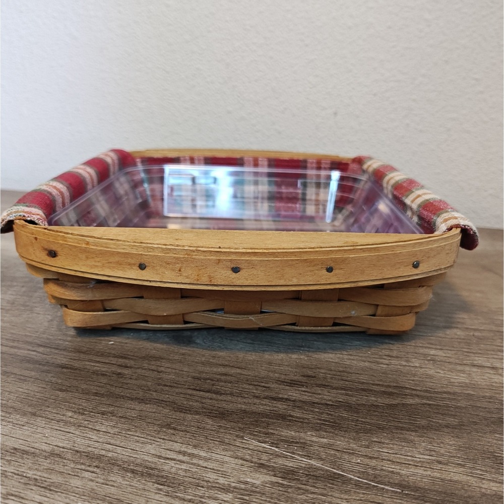 Longaberger Square Basket 2003 Red Plaid Liner Plastic Protector 8in Brown